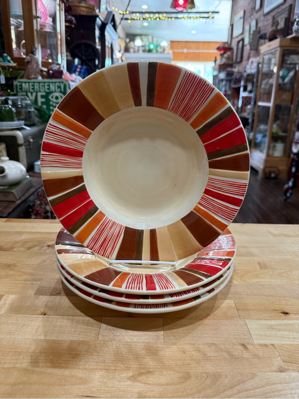 Set Of 4 Pottery Barn STRIPED SAUSALITO Brown Orange 10.25” Salad Plates
